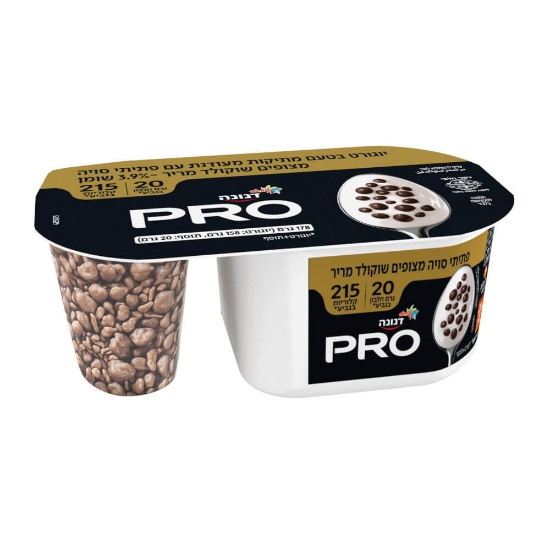 יוגורט פרו דנונה 20 גרם חלבון עם פתיתי סויה בציפוי שוקולד מריר 178 גרם