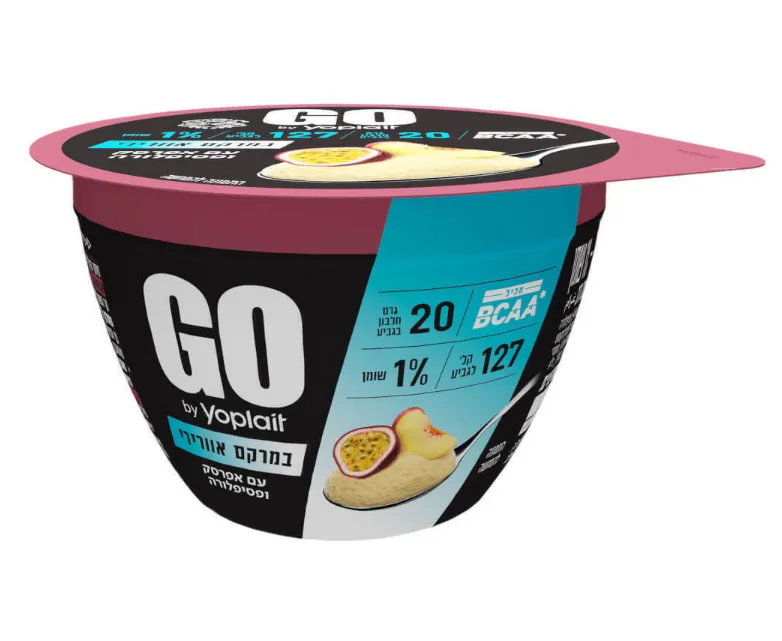יוגורט גו 1% במרקם אוורירי עם אפרסק ופסיפלורה 20 גרם חלבון 200 גרם
